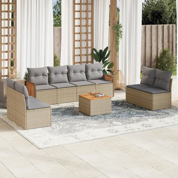 vidaXL 9-teilig Garten-Sofagarnitur mit Kissen Beige Poly Rattan, 3259980