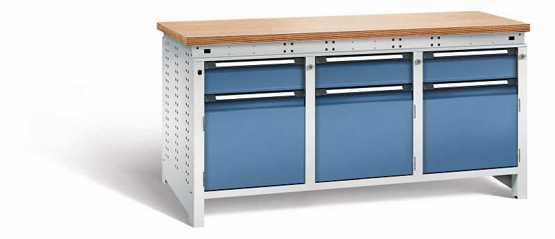 Otto Kind Werkbank Serie function Typ 309, Multiplexplatte 40 mm, bündig, 2x Unterbau + mittleres Feld, Gehäuse RAL 7035, Front RAL 5023, 072364164