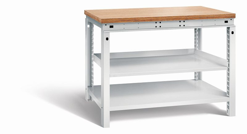 Otto Kind Werkbank Serie function Typ 208, Multiplexplatte 40 mm, bündig, 1 Ablageboden, komplett RAL 7035, 072338117