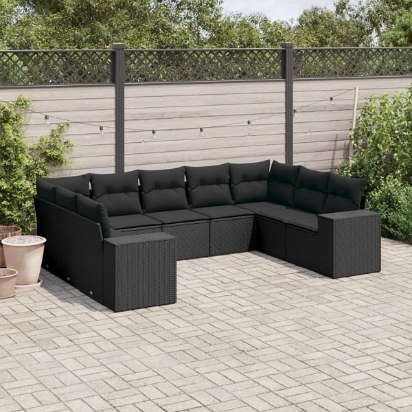 vidaXL 9-teilig Garten-Sofagarnitur mit Kissen Schwarz Poly Rattan, 3255332