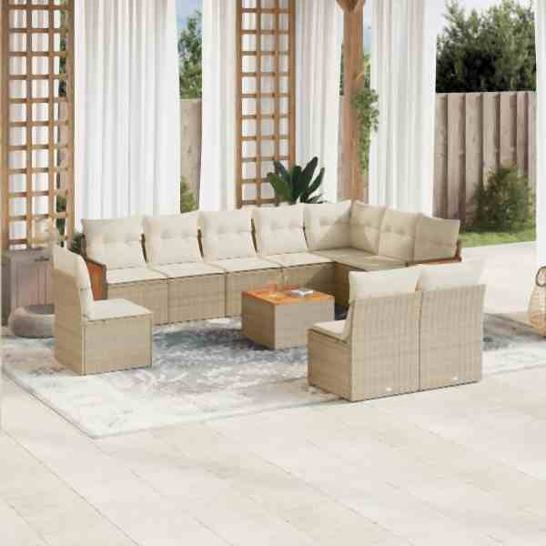 vidaXL 11-tlg. Garten-Sofagarnitur mit Kissen Beige Poly Rattan, UV-beständig, 3260161