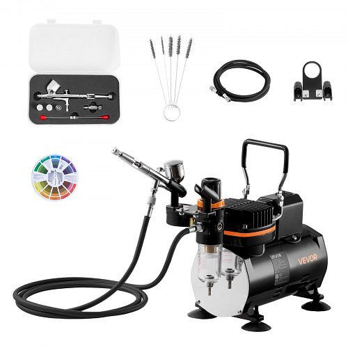 VEVOR Airbrush Set 1/6 PS mit Luftkompressor & Tank, Dual Action Airbrush 3 Düsen (0,2/0,3/0,5 mm), JCBTZW1OGWQG2JD7C001V2