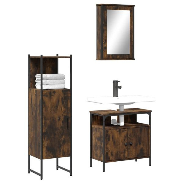 vidaXL 3-teilig Badmöbel-Set Räuchereiche Holzwerkstoff, 3214817