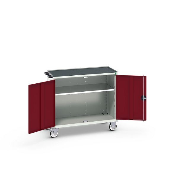 bott verso mobiler Schubladenschrank, mit 2 Türen, Fachboden und Abrollrand, BxTxH: 1050 x 550 x 965 mm, Lichtgrau / Purpurrot, 16927064.24