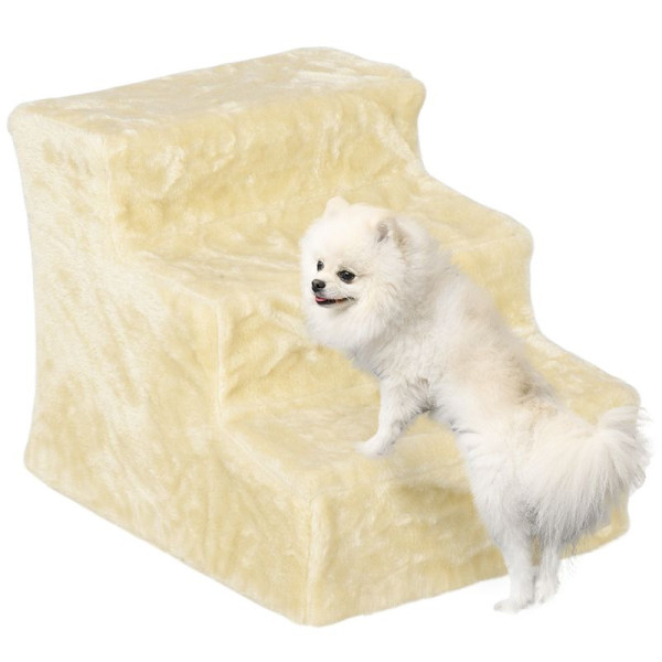 PawHut Faltbare Haustiertreppe, 3 Stufen, waschbarer Plüschbezug, Spanplatte, 46 x 35 x 35 cm, Beige, D06-091V01BG