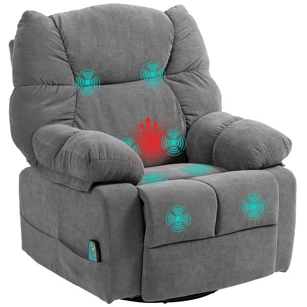 HOMCOM Relaxsessel mit Massagefunktion, Liegefunktion, Drehbarer Massagesessel, 4 Seitentaschen und Fernbedienung, Dunkelgrau, 700-174V90CG