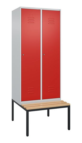 C+P Umkleidespind Classic PLUS mit Mitteltrennwand, Bank, 2 Abteile, 2120x800x815mm, 7035/3020, Zylinderschlösser, Buche-Sitzleisten, 0800507-22F S10073