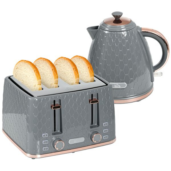 HOMCOM 2-in-1 Küchenset, Toaster und Wasserkocher, mehrere Optionen, 1,7 L, 4 Toastscheiben gleichzeitig, Kunststoff, Grau, 800-180V90GY
