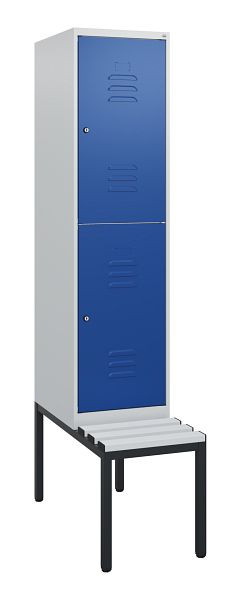 C+P Doppelstöckiger Spind Classic PLUS, 1950x400x815mm, 7035/5010, Zylinderschlösser, mit untergebauter Sitzbank, 0803505-12 S10078