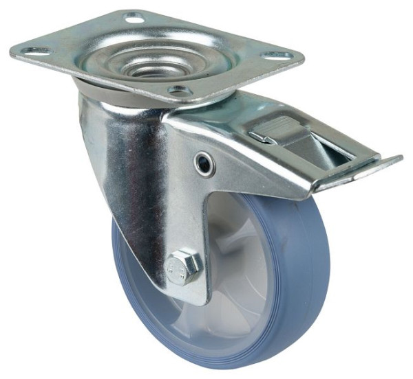BS Rollen Transportrolle Lenkrolle mit Festeller, thermoplastisches Gummirad, Reifen lichtblau, Rollenlager, Platte, 100 mm, VE: 4 Stück, L420.B44.101.05