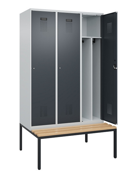 C+P Spind Evolo PLUS, 3 Abteile, 2120x1200x815mm, 7035/7016, Haken 4, Zylinderschloss, Sitzfläche Buche-Hartholz, Sitzbank, Trennwand, 0490507-32F S10039