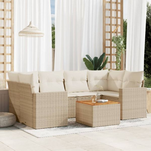 vidaXL 7-tlg. Garten-Sofagarnitur mit Kissen Beige Poly Rattan, 3256352