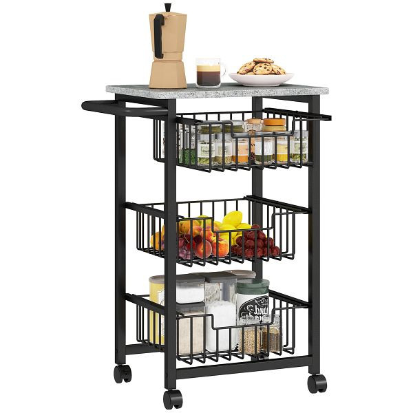 HOMCOM 3-stufige Küchenwagen auf Rädern, Rollbarer Servierwagen, Küchen-Trolley mit 3 Stahlkörben, Servierwagen, 801-379V00LG