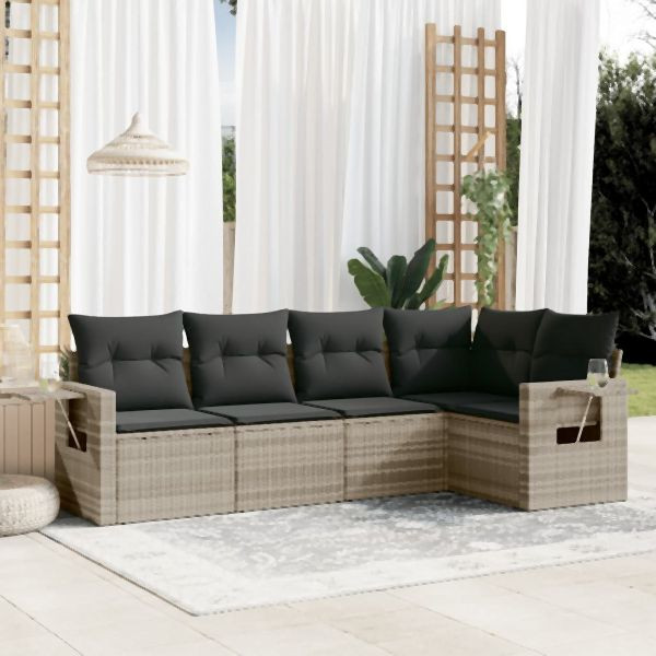 vidaXL 5-tlg. Garten-Sofagarnitur mit Kissen Hellgrau Poly Rattan, 3220131