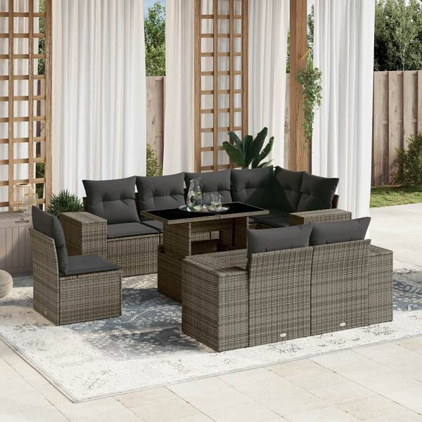 vidaXL 9-tlg. Garten-Sofagarnitur mit Kissen Grau Poly Rattan, UV-beständig, 3269300