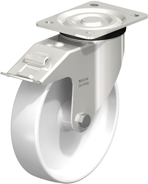 Blickle LX-PO 200G-FI Edelstahl-Lenkrolle, mittelschwere Ausführung, mit Anschraubplatte & Feststeller, Polyamid, Weiß, 9738