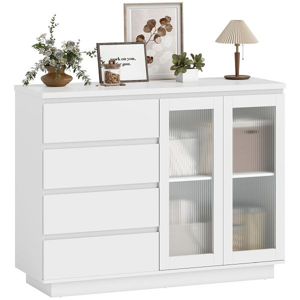HOMCOM Buffetschrank, Sideboard mit 4 Schubladen, 2 Glastüren, modernes Design, MDF, Weiß, 83B-530V90WT