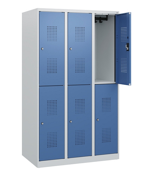 C+P Doppelstöckiger Spind Evolo PLUS, 6 Fächer, 1530x900x500mm, 7035/5023, Zylinderschloss, 0493005-30 S10033