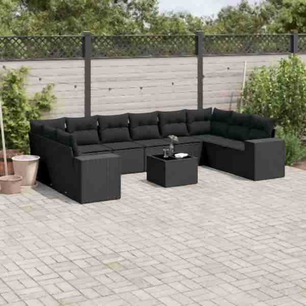 vidaXL 11-tlg. Garten-Sofagarnitur mit Kissen Schwarz Poly Rattan, UV-beständig, 3255412