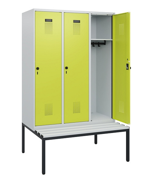 C+P Spind Evolo PLUS, 3 Abteile, 1950x1200x815mm, 7035/0024, Drehriegel, Sitzfläche Kunststoff, Sitzbank, 0490505-32 S10069