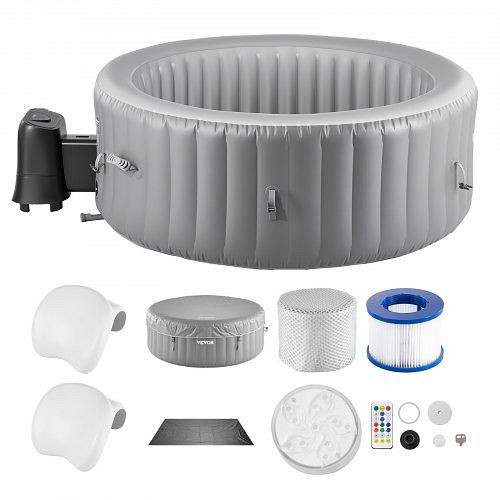 VEVOR aufblasbare Badewanne rund, 6-8 Personen (240x66 cm), 130 Düsen, Kopfstütze, LED, Abdeckung, Bedienfeld, PVC Spa-Pool, CQKSLYGL94H2LCP06001V2