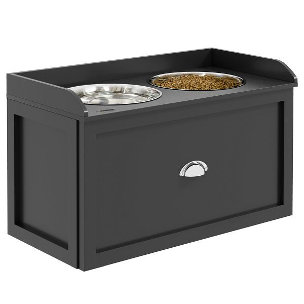 PawHut Futterstation, 2 Fressnäpfe je 2 Liter, Edelstahl, mit Schublade, für große Hunde, schwarz+silber, 60 x 30 x 36 cm, D08-041V01BK