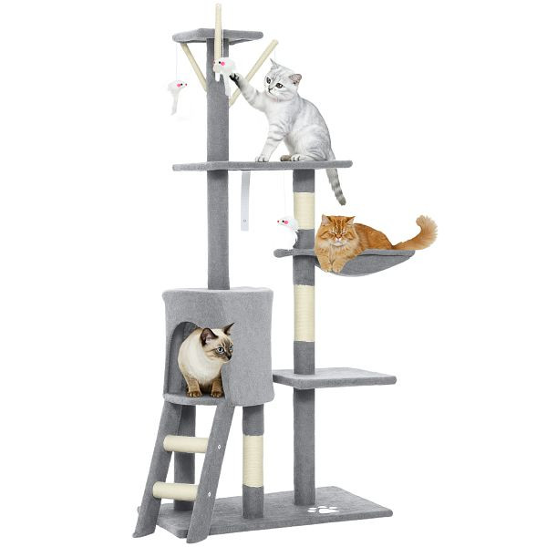 PawHut Kratzbaum Katzenbaum mit Höhle, 4 Spielzeuge, Sisalstämme, große Plattform, Treppe, für Katzen unter 5 kg, Grau, D30-166V01GY