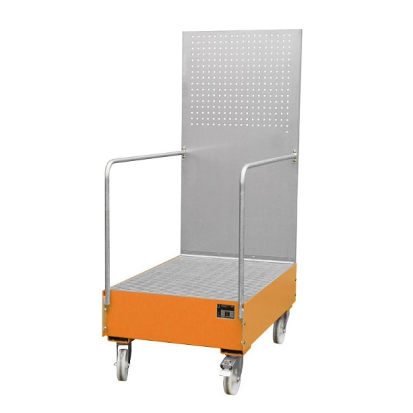 STEIN HGS Fahrbare Auffangwanne mit Lochplattenwand LPW, 215 Liter, RAL 2000 gelborange, Höhe 2015mm, lackiert, 2x200 Liter Fass, Breite 800mm, 79205.0013
