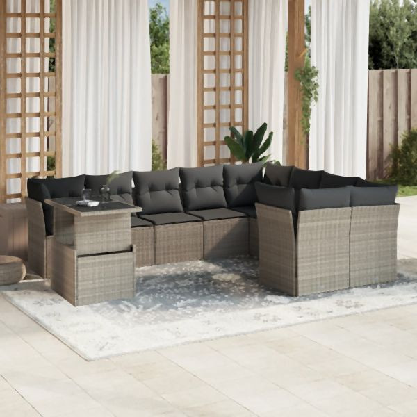 vidaXL 10-tlg. Garten-Sofagarnitur mit Kissen Hellgrau Poly Rattan, 3266852