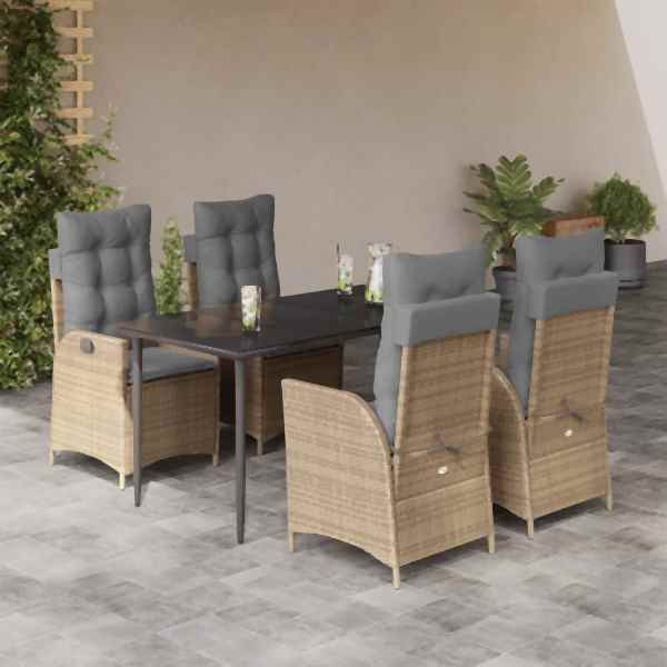 vidaXL 5-tlg. Garten-Essgruppe mit Kissen Beige Poly Rattan, UV-beständig, 3213258