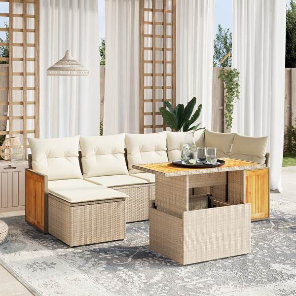 vidaXL 7-tlg. Garten-Sofagarnitur mit Kissen Beige Poly Rattan, UV-beständig, 3274061