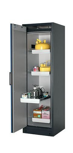 asecos Feuerbeständiger Gefahrstoffschrank Select W-64L, 4 Auszugswannen, Tür blau (links), 200999