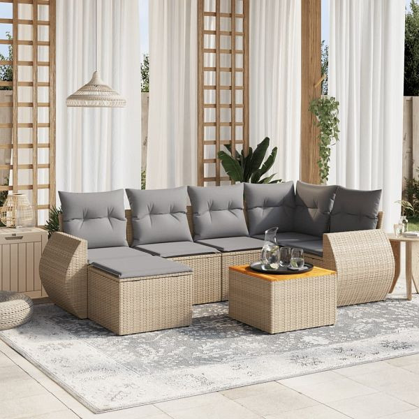 vidaXL 7-teilig Garten-Sofagarnitur mit Kissen Beige Poly Rattan, 3257438