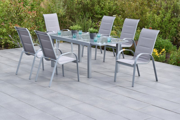 Merxx Amalfi di Lusso Set 7-teilig, diamantbraun, 6 Amalfi di Lusso Stapelsessel, 1 Ausziehtisch 160 (220) x 90 cm, Silber/diamantbraun, 50876-330