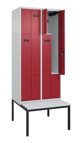 C+P Z-Spind Evolo PLUS, Bank, 4 Fächer, 2120x800x815mm, 7035/3003, Zylinderschloss, Sitzfläche Kunststoff, Sitzbank, 0490537-224 S10082