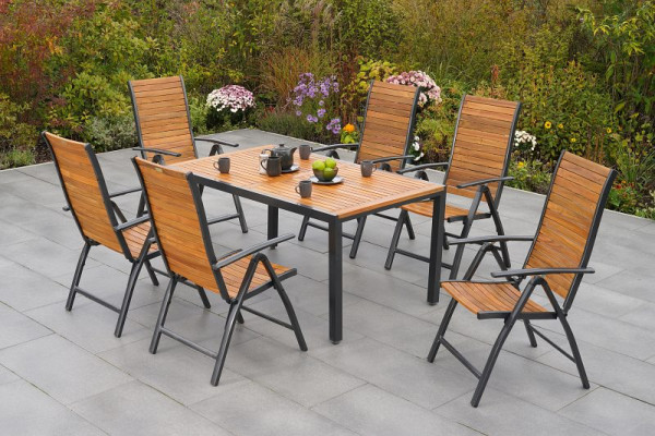 Merxx Santorin Set 7-teilig, 6 Klappsessel, Rückenlehne 5-fach verstellbar, 1 Tisch 150 x 90 cm, Aluminium mit FSC Akazienholz, 50672-209