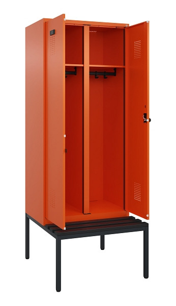 C+P Schwarz-Weiß-Spind Evolo PLUS, Bank, 2 Abteile, 2120x800x815mm, 2004/2004, Drehriegel, Sitzfläche Kunststoff, Sitzbank, 0490527-22 S10077