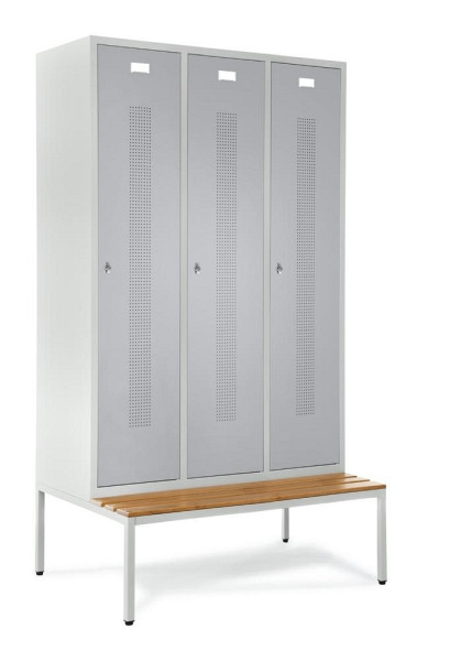 Deskin Garderobenspind mit Sitzbank, Alusilber RAL 9006, 1185 x 800 x 2050 mm, 3 Abteile, Korpus: Lichtgrau RAL 7035, 346877