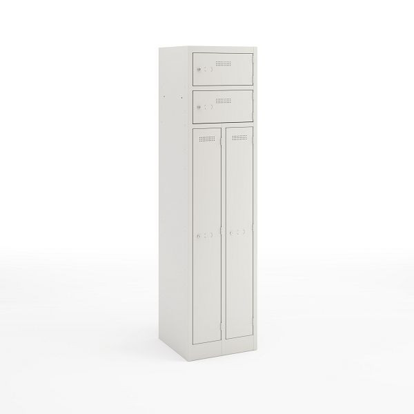 Bisley Garderobenschrank Primary Locker 2 Abteile 450 mm mit zwei Fächern inklusive Kleiderstange mit 3 Haken, Farbe lichtgrau, PLF4545D4645