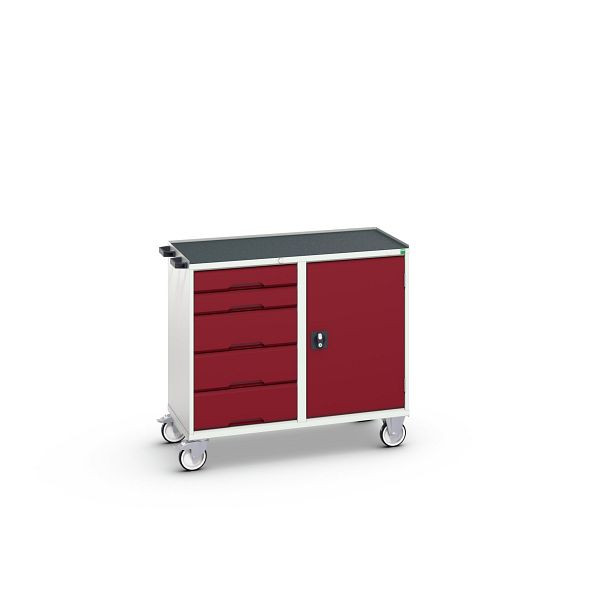 bott verso Montagewagen, mit 5 Schubladen, Tür und Abrollrand, BxTxH: 1050 x 550 x 965 mm, Lichtgrau / Purpurrot, 16927122.24