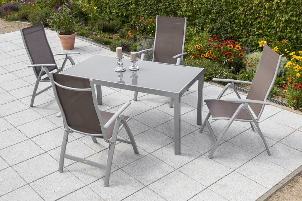 Merxx Carrara Set 4-teilig, 4 Klappsessel, Rückenlehne 5-fach verstellbar, 1 Tisch 150 x 90 cm, graue Glasplatte, silber/taupe, 50317-325