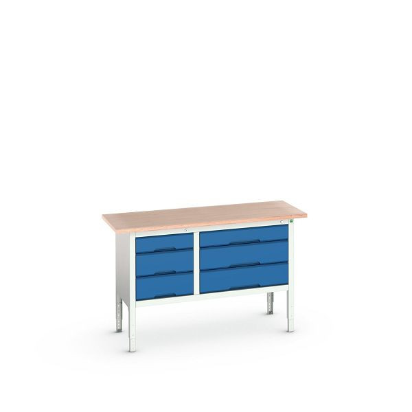 bott verso Kastenwerkbank (Multiplex-Platte) mit 6 Schubladen, BxTxH: 1500 x 600 x 830 - 930 mm, Lichtgrau / Enzianblau, 16923015.11