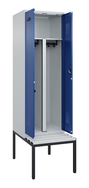 C+P PSA Doppel-Spind Evolo PLUS, Bank, 2 Abteile, 2120x600x815mm, 7035/5010, Zylinderschloss, Sitzfläche Kunststoff, Sitzbank, 0490527-20P S10087