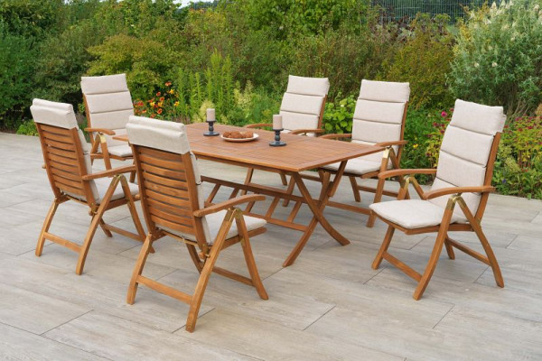 Merxx Paraiba Set 13-teilig, 6 Paraiba Klappsessel, 6 Auflagen, beige, 1 Klapptisch 200 x 100 cm, FSC Akazienholz, 50943-311