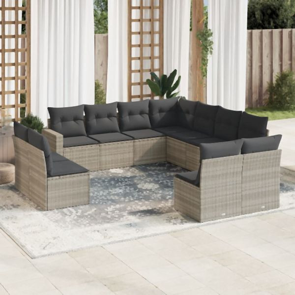 vidaXL 11-tlg. Garten-Sofagarnitur mit Kissen Hellgrau Poly Rattan, 3251469