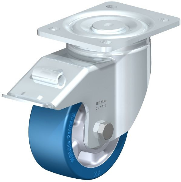 Blickle LH-ALBS 127K-FI Stahlblech-Lenkrolle, Schwerlast-Ausführung, mit Anschraubplatte & Feststeller, Blickle Besthane® Soft, Blau, 754573