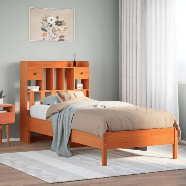 vidaXL Massivholzbett mit Regal ohne Matratze Wachsbraun 75x190 cm, 3322935