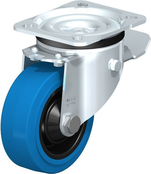 Blickle LK-POEV 100KD-1-ST-SB Stahlblech-Lenkrolle, schwere Ausführung, mit Anschraubplatte & Feststeller, Elastik-Vollgummi, Blau, 850959