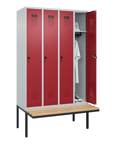 C+P Spind Evolo PLUS, 4 Abteile, 2120x1200x815mm, 7035/3003, Haken 3, Drehriegel, Sitzfläche Holz, 0490407-40 S10004