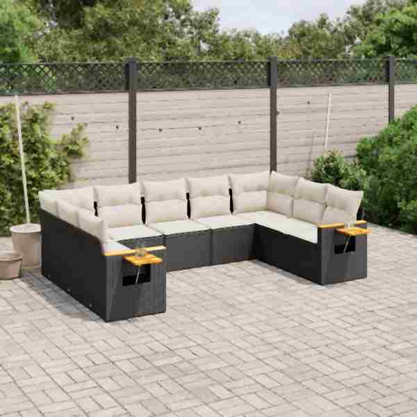 vidaXL 9-tlg. Garten-Sofagarnitur mit Kissen Schwarz Poly Rattan, UV-beständig, 3259515